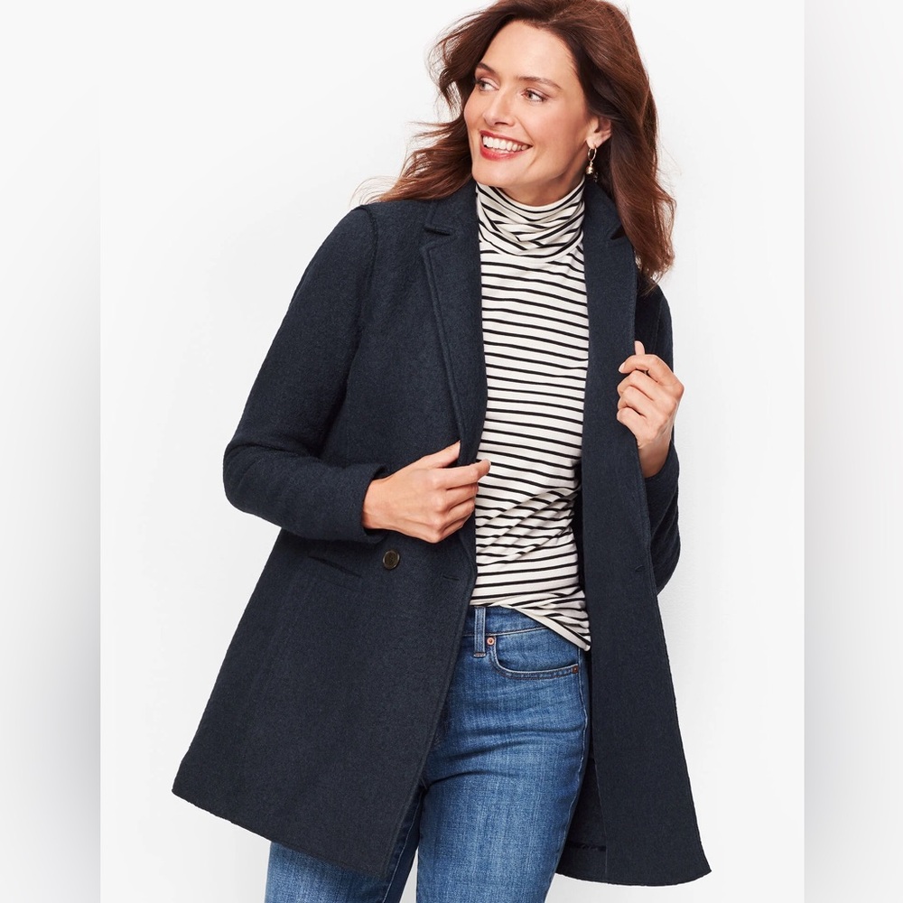 Talbots Long Boiled Wool Blend Black Double Breasted Blazer Size 10p